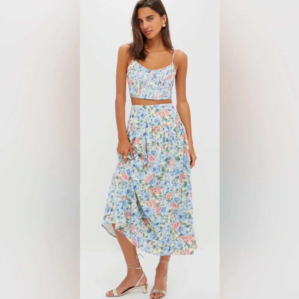 Tuckernuck MOON RIVER Blue Multi Maxi Skirt and Cropped Tank. Floral Skirt Set. - Picture 1 of 13